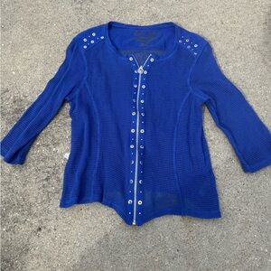 Onque Casuals Cobalt Blue Open-Knit Zip Sweater with Floral Accents